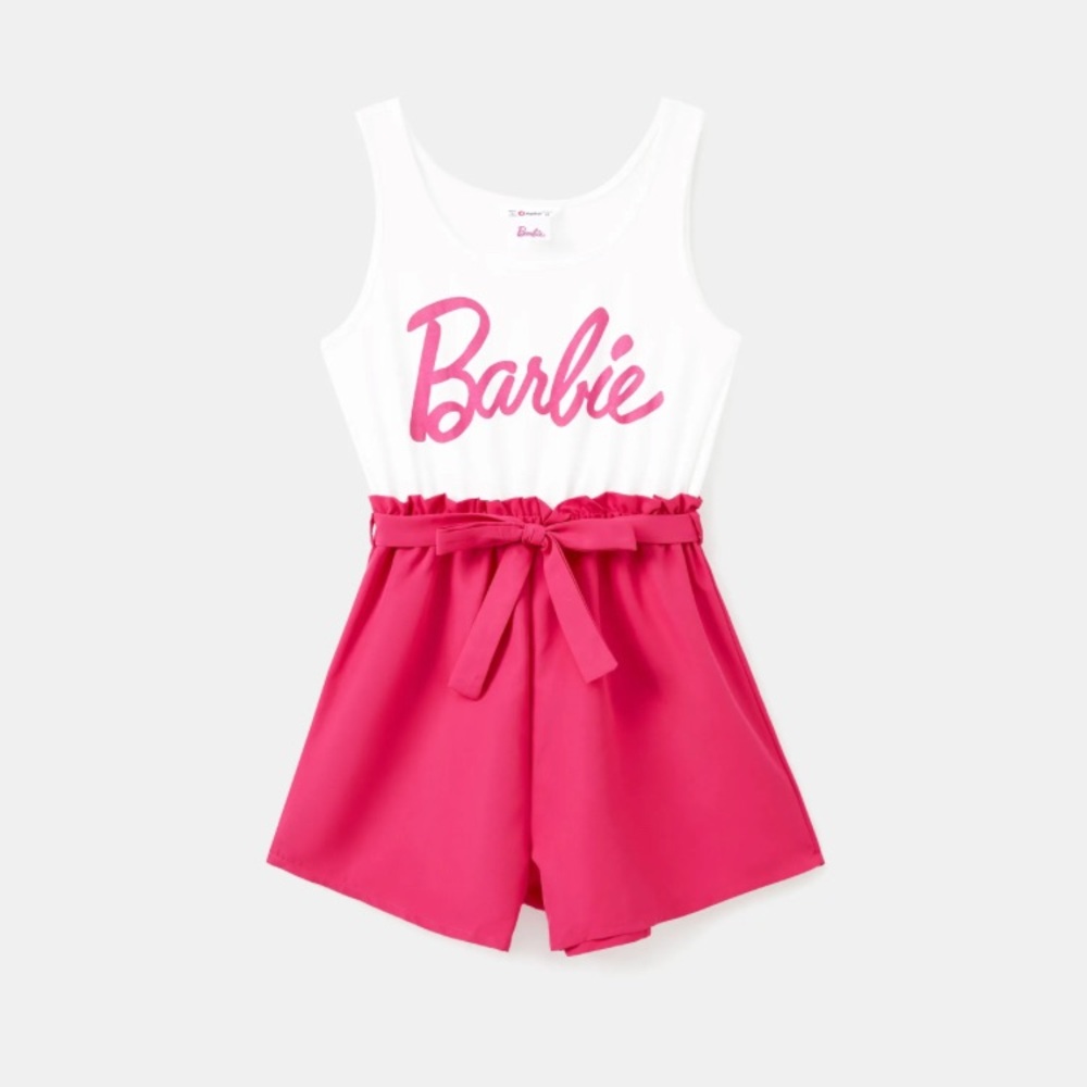Women Barbie Letter Print Belted Combo Tank Hot Pink Rompers - Picture 4 of 9